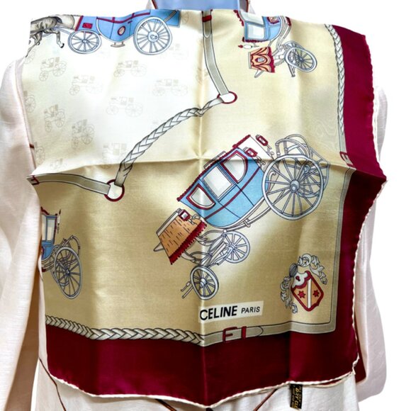 Unused Celine Paris Scarf  100% Silk  34" Gold Tan Brgendy Carriage Horses (39) - Picture 4 of 13